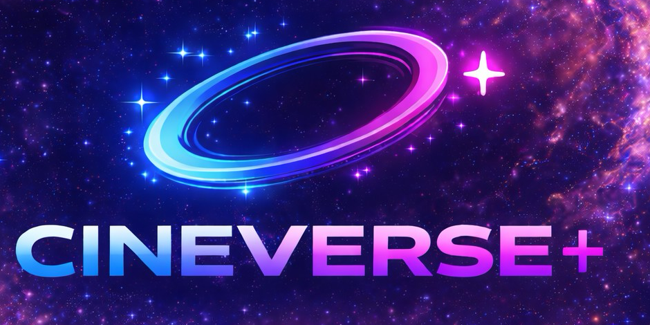 Cineverse+ logo: a glowing cyan-to-magenta ring above the Cineverse+ wordmark in a starfield